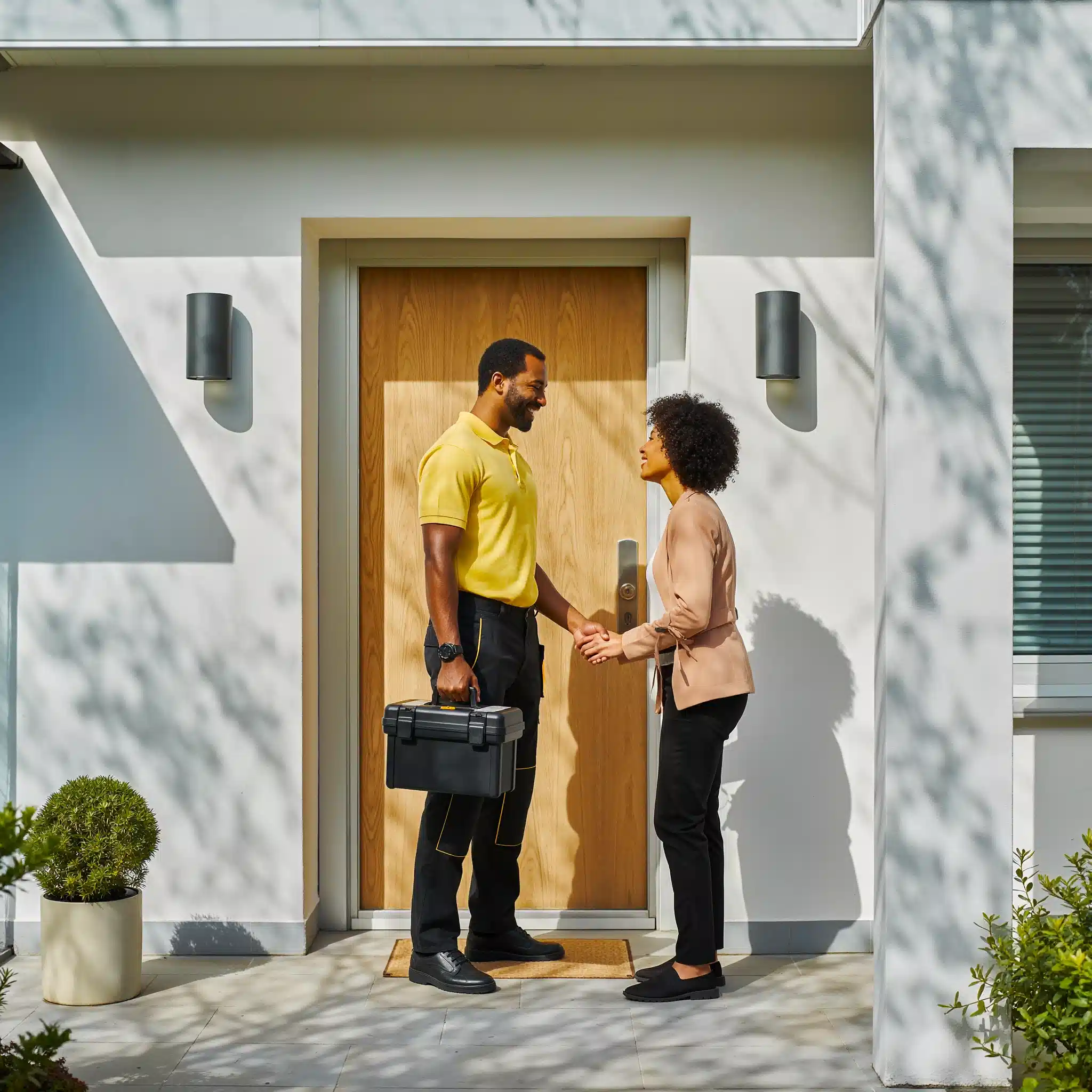 Monteur von Schlüsselnotdienst Keller in gelbem Shirt bei schadenarmer Türöffnung
