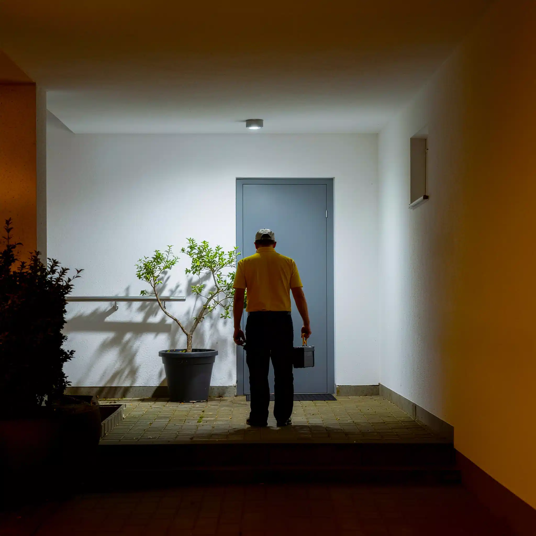 Zweiter Monteur in gelbem Shirt montiert präzise einen Profilzylinder